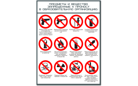 Плакат "Предметы и вещества запрещенные к проносу в образовательную организацию"