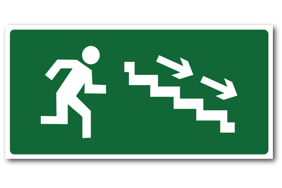 Знак е13 направление к эвакуационному выходу по лестнице вниз. Знак е04 направление к эвакуационному выходу налево. Знак «направление к эвакуационному выходу направо», пленка 150х300. Знак "направление к эвакуационному выходу направо вниз" пленка (290х95mm). Направление движения к более