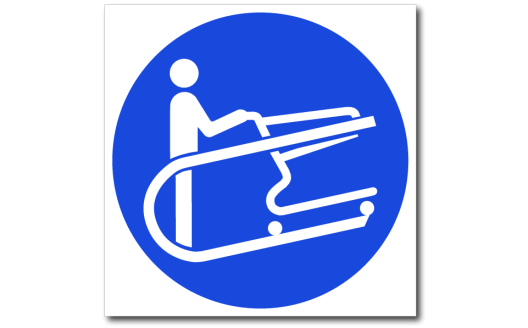 Знак "При движении на траволаторе крепко держаться за ручку тележки"